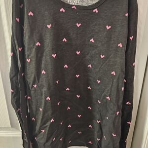 Pink Velvet Girls Long Sleeve T-Shirt, Size 14/16, Black With Pink Hearts